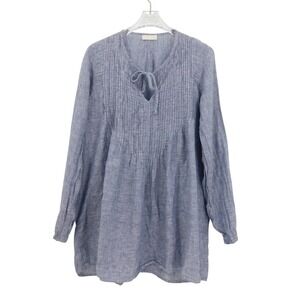 CP Shades 100% Linen Chambray Pintuck Tunic Top Blue Pleated V Neck Size Small